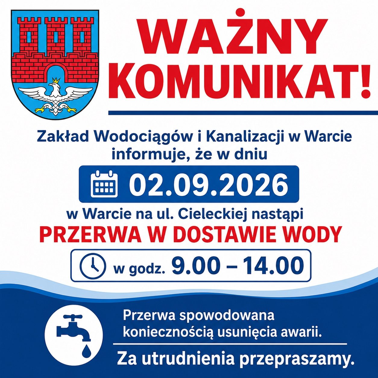 Przerwa w dostawie wody na ulicy Cieleckiej