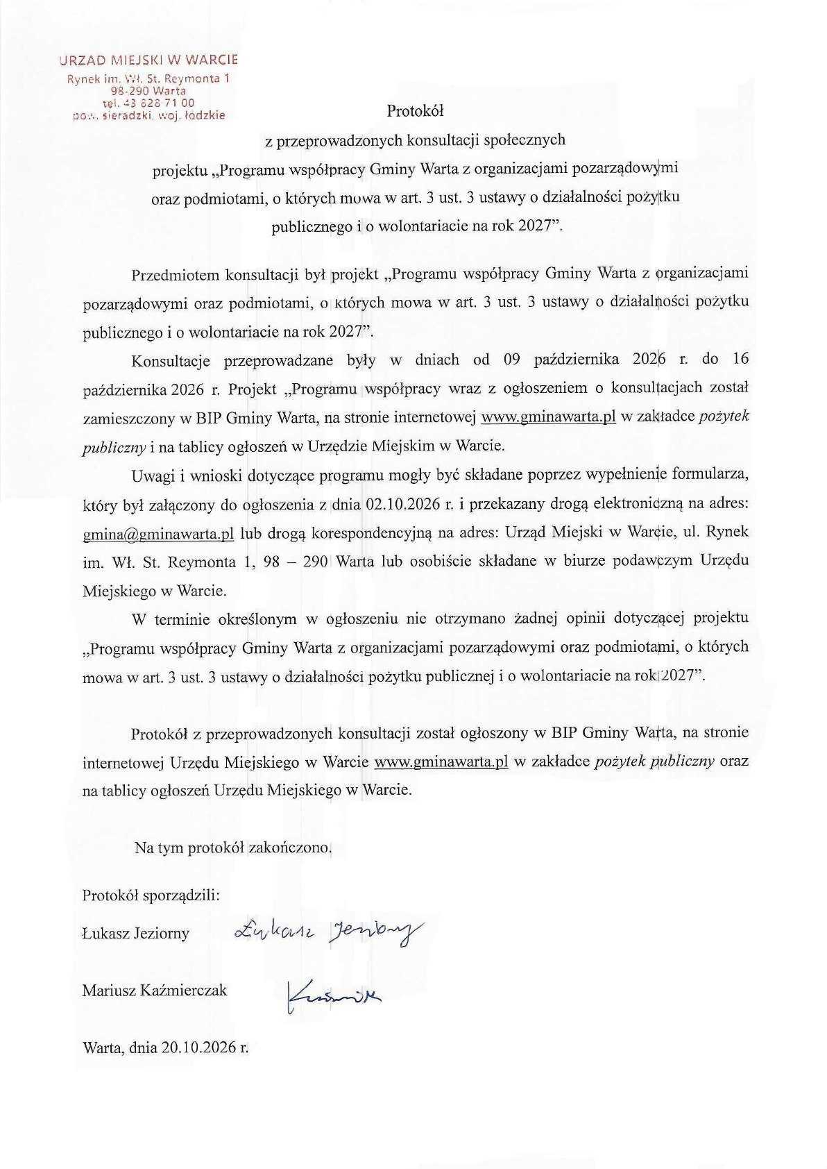 Protokół z konsultacji programu współpracy z organizacjami pozarządowymi